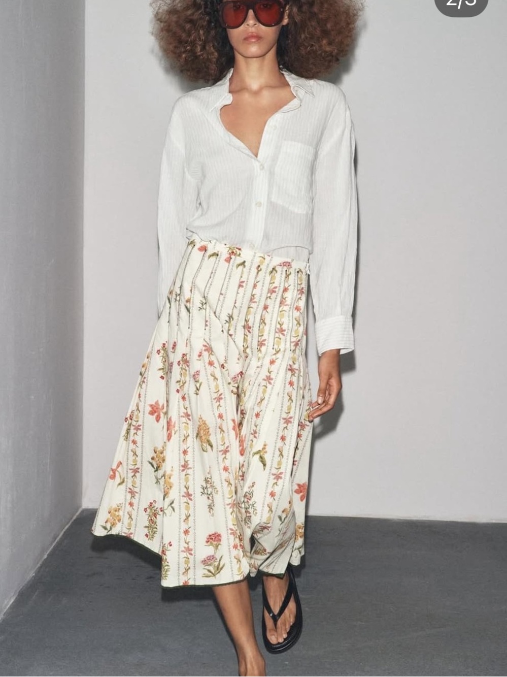 Zara Cream Floral Pleated Circle Skirt with Pink & Green Blooms